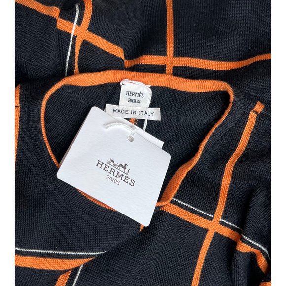 Hermes Womens Tattersall Sweater Wool & Silk EU 40 Pullover Orange Black NWT - Picture 10 of 14
